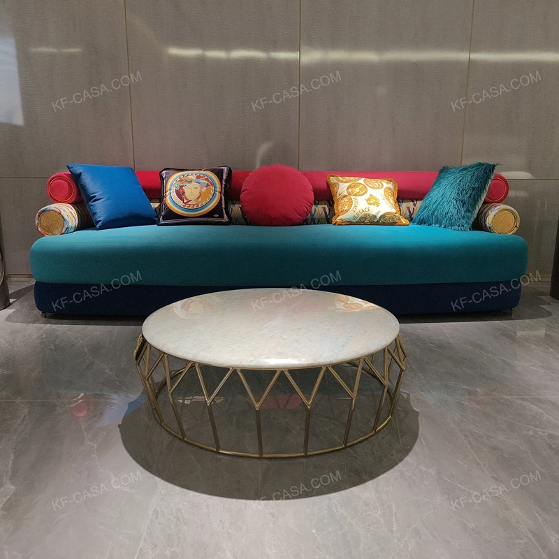 Round Marble Coffee Table with Geometric Metal Base and Signature Luxury Detailing